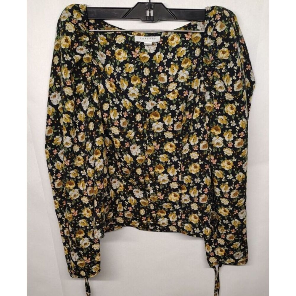 TopShop Floral Sweetheart Neck Long Sleeve Top Size 4 Black Yellow Zip